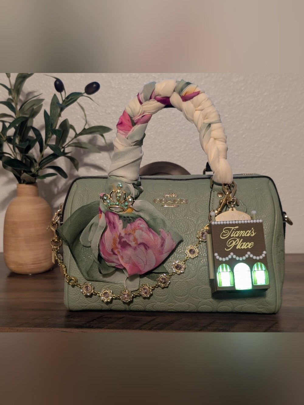 Coach Medium Rowan Signature Leather Pistachio - Custom Princess Tiana Themed